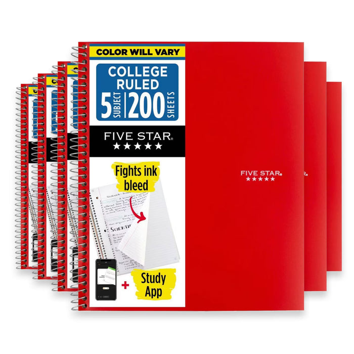 Five Star 5 Subject College Ruled Spiral Notebook - 200 Sheets - 6 Pack
