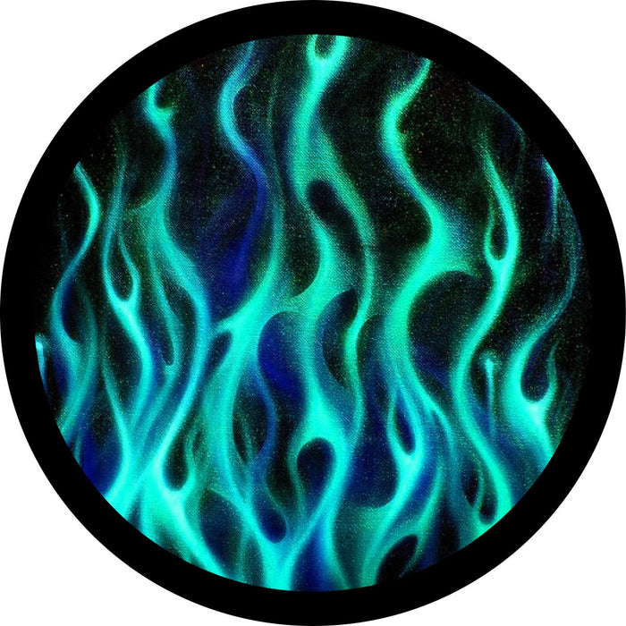 Flames spare tire cover for Bikini blue pearl Jeep Wranglers and other vehicles including RV, Broncos, Campers, and more