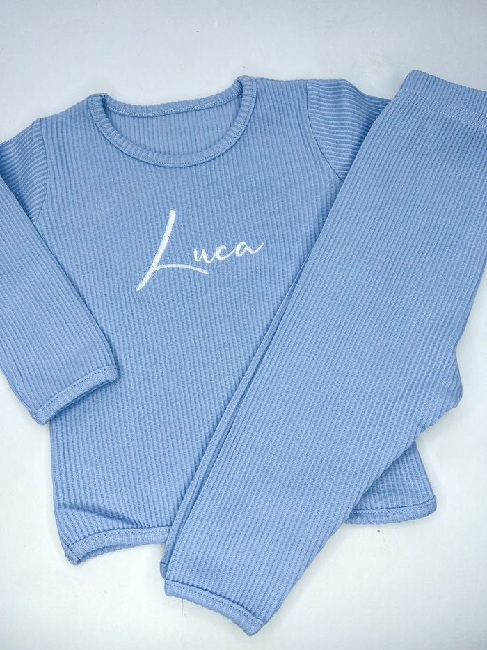 flat lay of Baby Blue Ribbed Childrens Tracksuit