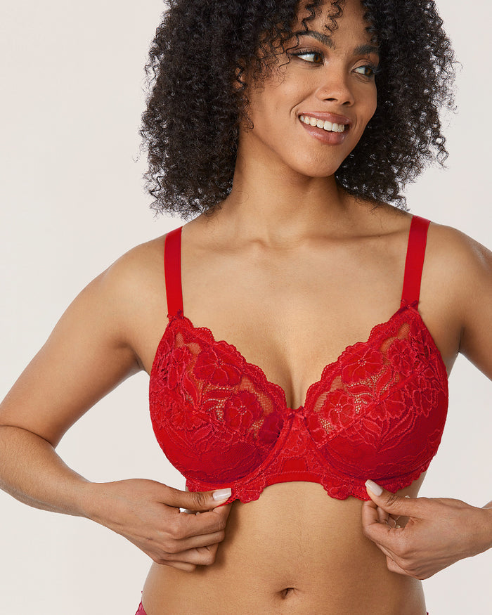 Women's Floral Lace Underwired Bra Lipstick Red