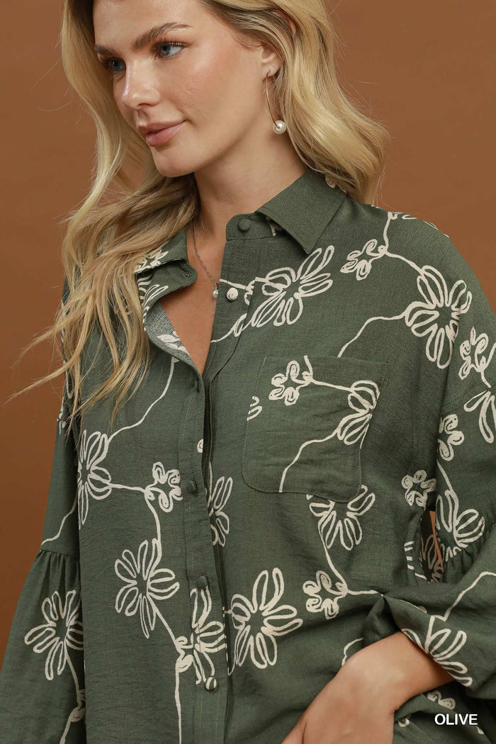 Floral Print Button Front Balloon Sleeve Blouse