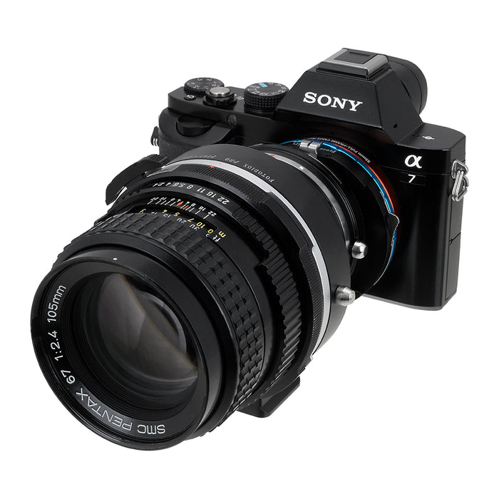 Fotodiox Pro Lens Mount Shift Double Adapter - Pentax 6x7 (P67, PK67) Mount SLR Lens to Sony Alpha E-Mount Mirrorless Camera Body