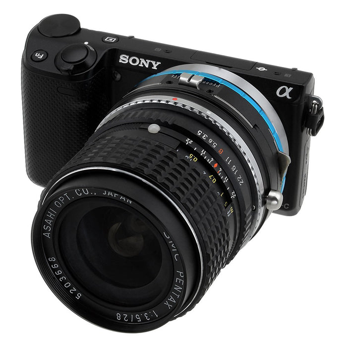 Fotodiox Pro Lens Mount Shift Double Adapter - Pentax K Mount (PK) SLR Lens to Sony Alpha E-Mount Mirrorless Camera Body