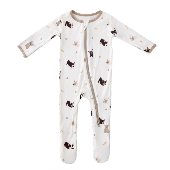 Soft bamboo baby footie with french bulldog pattern, front zipper closure
