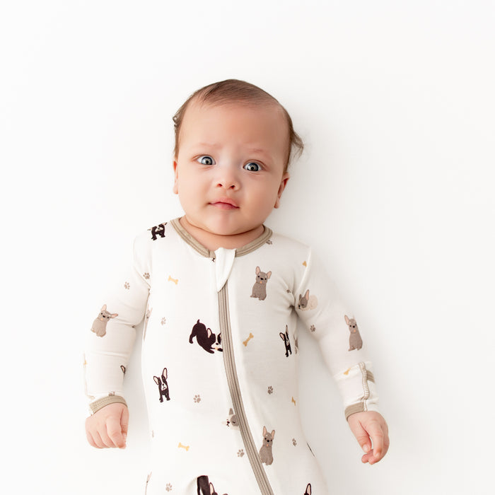 Bamboo zippered footie pajama for babies, french bulldog print