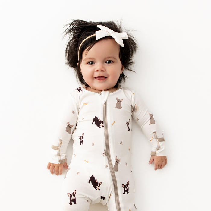 Baby wearing french bulldog bamboo footie pajama