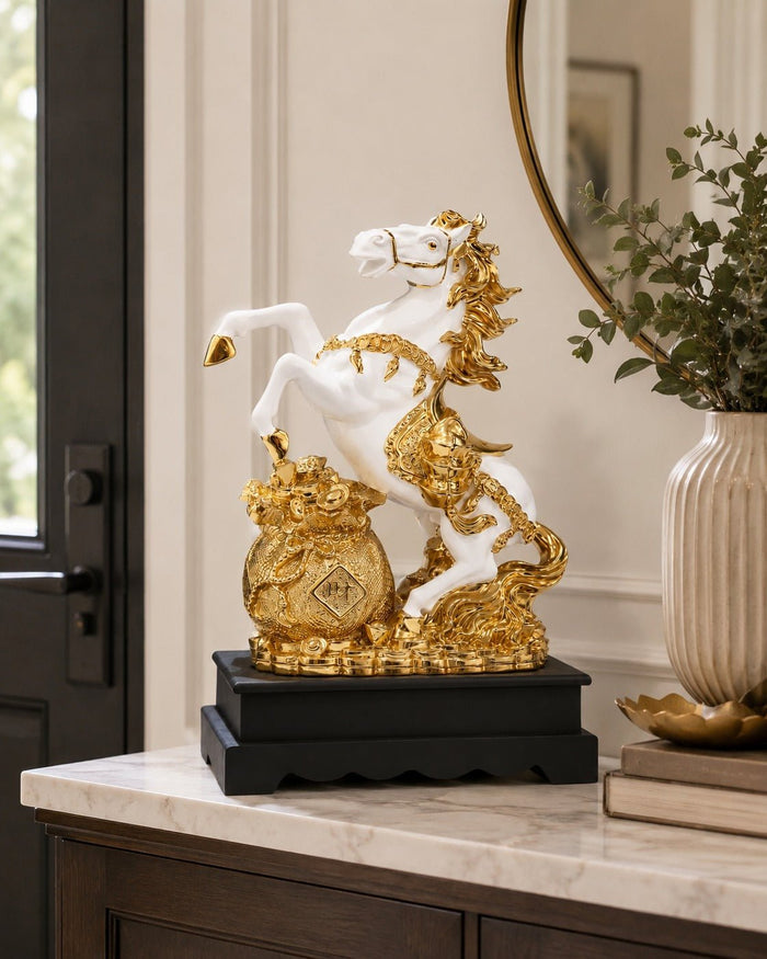 Gold plated and white running horse statue on a wooden base - ANS Billons