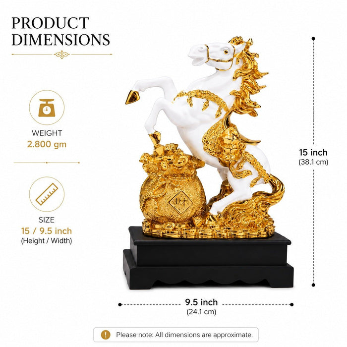 Gold plated and white running horse statue on a wooden base - ANS Billons