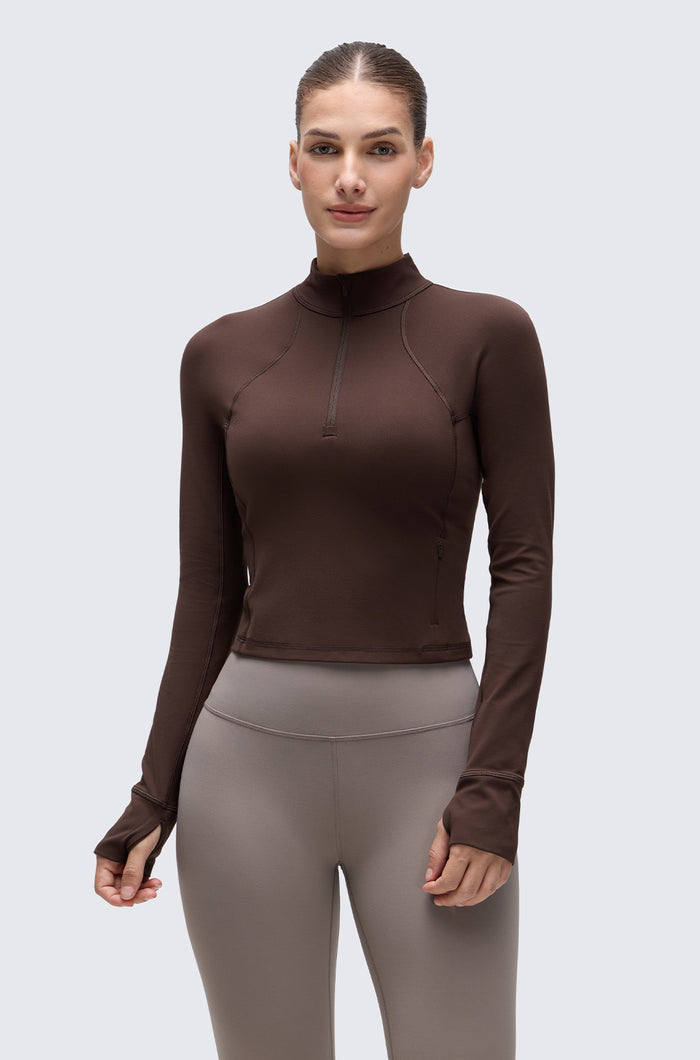 CRZ YOGA Women's Half Zip Long Sleeve Cropped Top Hot Fudge Brown
