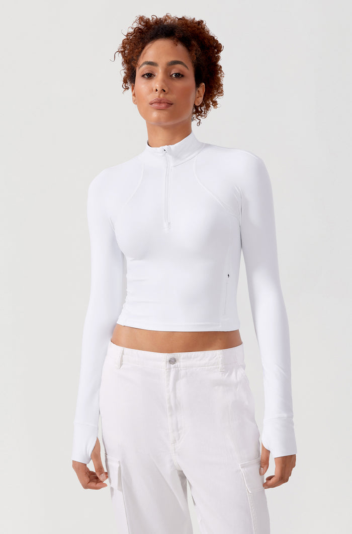 CRZ YOGA Women's Half Zip Long Sleeve Cropped Top White