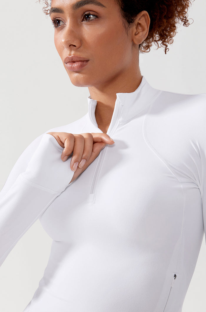 CRZ YOGA Women's Half Zip Long Sleeve Cropped Top White
