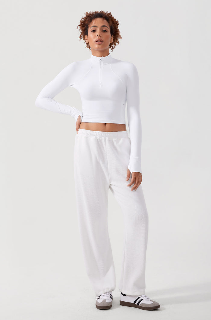 CRZ YOGA Women's Half Zip Long Sleeve Cropped Top White