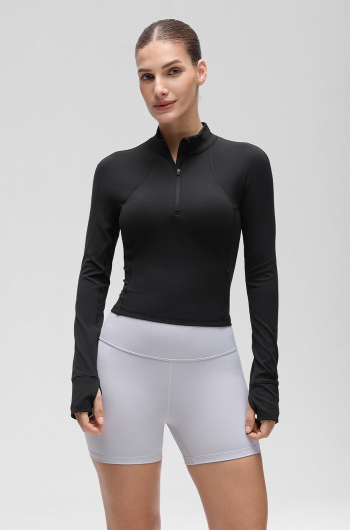 CRZ YOGA Women's Half Zip Long Sleeve Cropped Top Black
