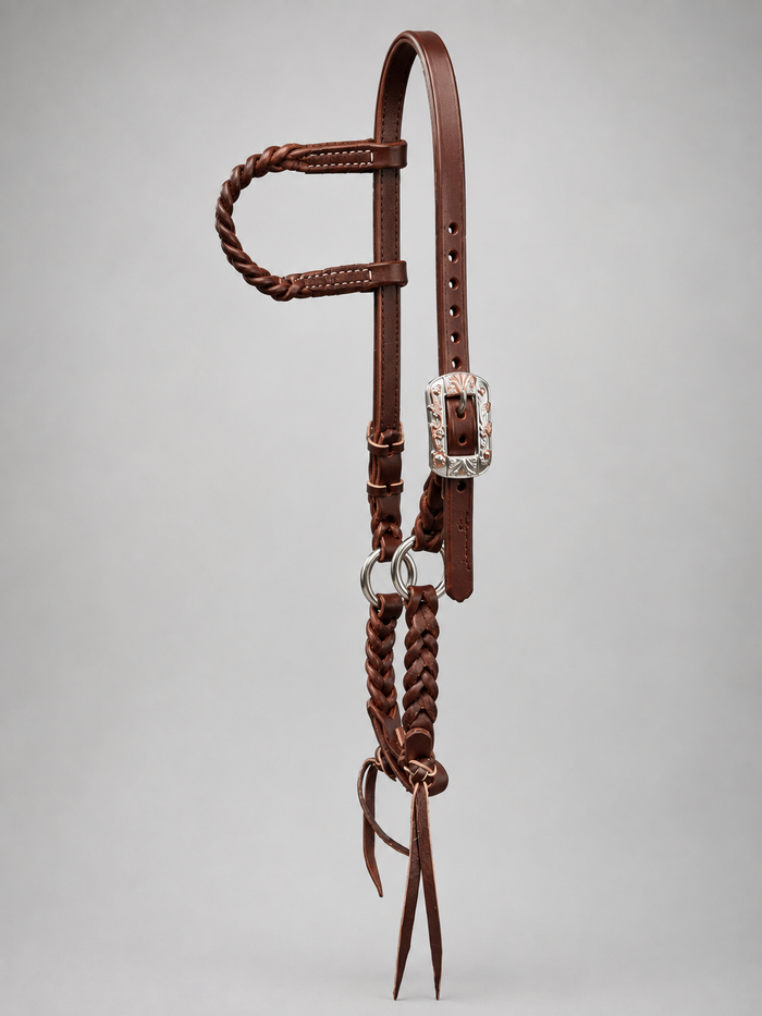 Headstall - HS128 - 5/8" Single Ear Ranch Heavy Oil Bleeding Heart with Ring Cheeks