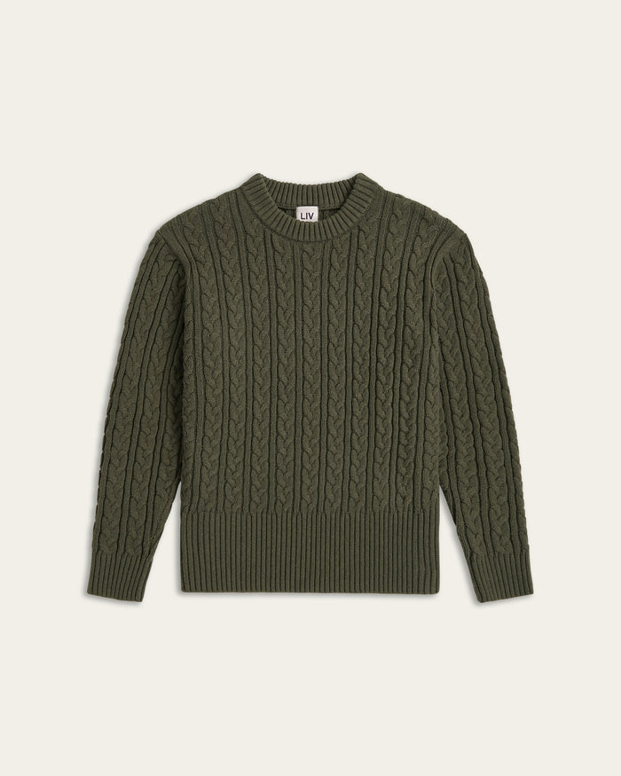 Heavy Seawool Cable Crewneck - Dark Olive