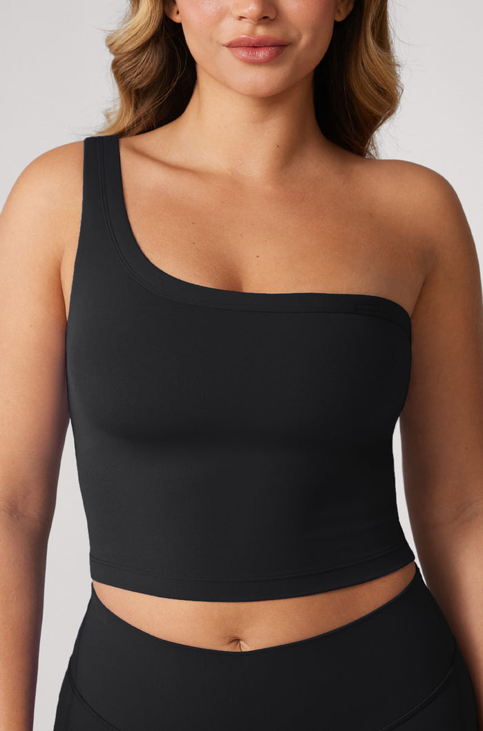 Women's Hugcurve One Shoulder Longline Sports Bra - Detachable Shoulder Strap Black