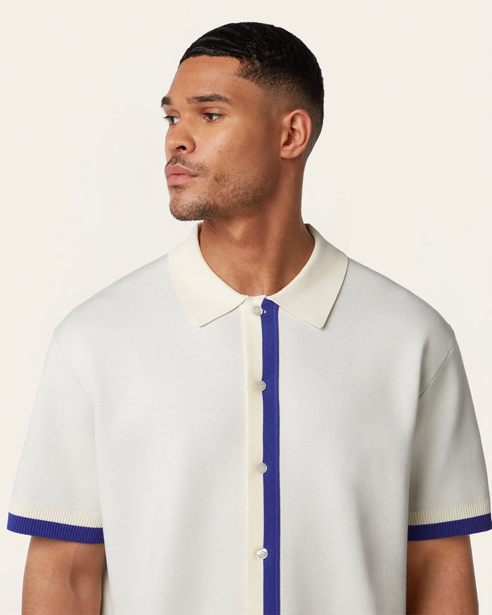 Jacquard Short Sleeve Shirt Off White / Cobalt Blue