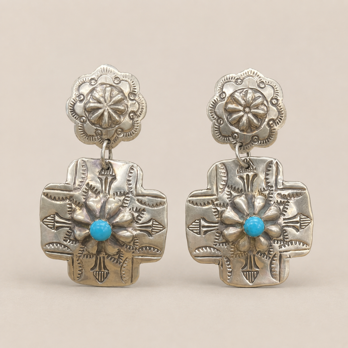 Jewelry - JWR18 - Sterling Silver Navajo Turquoise & Floral Cross Dangle Earrings