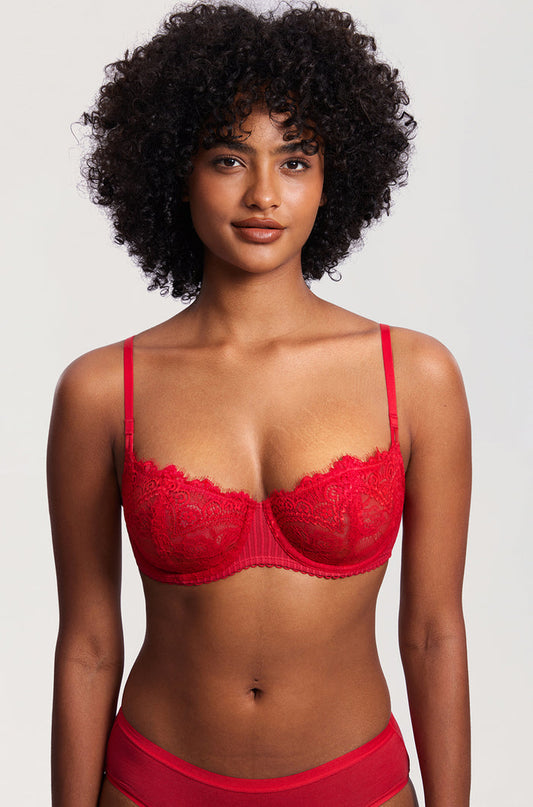 Women's Lace Balconette Underwire Bra Lipstick Red
