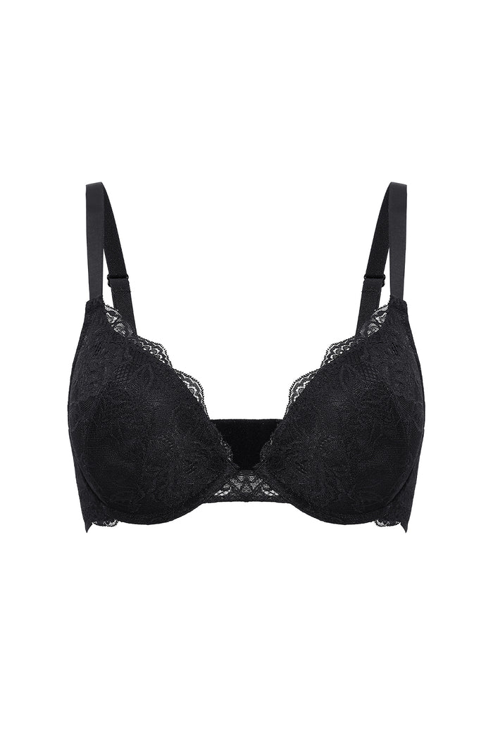 Women's Lacy Plunge Push Up Bra Black