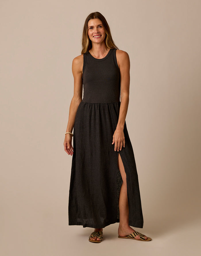 Lark Linen Dress: Black Chambray