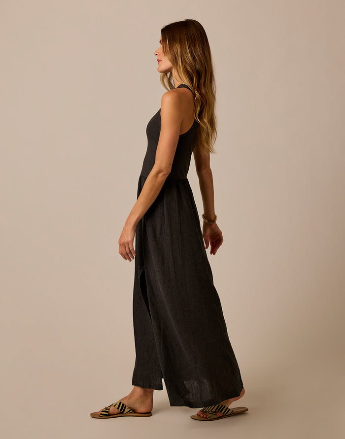 Lark Linen Dress: Black Chambray