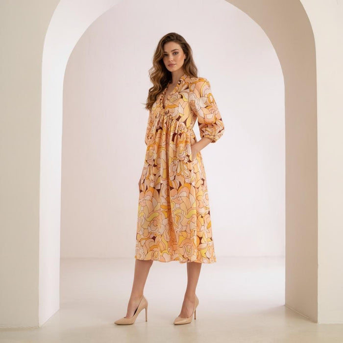 Liberty London Boho Midi Botanical Dress, Ruffle V-neck Collar 3/4 Puffy Sleeves Handmade Dress