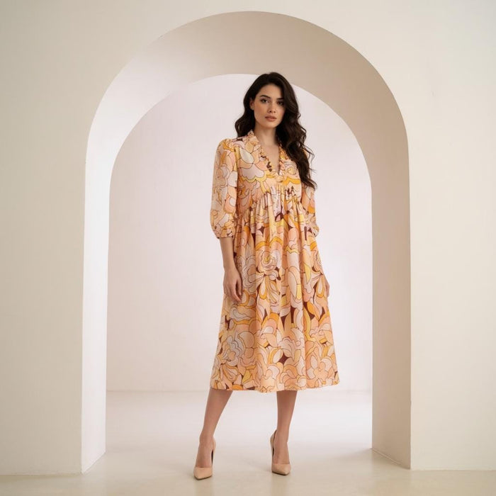 Liberty London Boho Midi Botanical Dress, Ruffle V-neck Collar 3/4 Puffy Sleeves Handmade Dress
