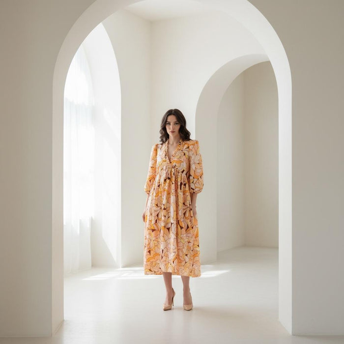 Liberty London Boho Midi Botanical Dress, Ruffle V-neck Collar 3/4 Puffy Sleeves Handmade Dress