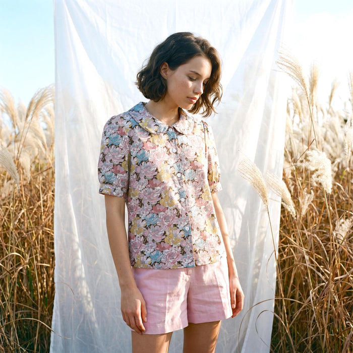 Liberty London Button-up Short Sleeves Shirt, Handmade Cotton Chemise, Sustainable Minimalist Womenswear, Botanical Clothing