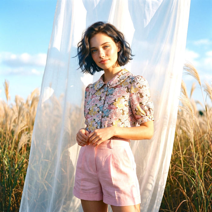 Liberty London Button-up Short Sleeves Shirt, Handmade Cotton Chemise, Sustainable Minimalist Womenswear, Botanical Clothing