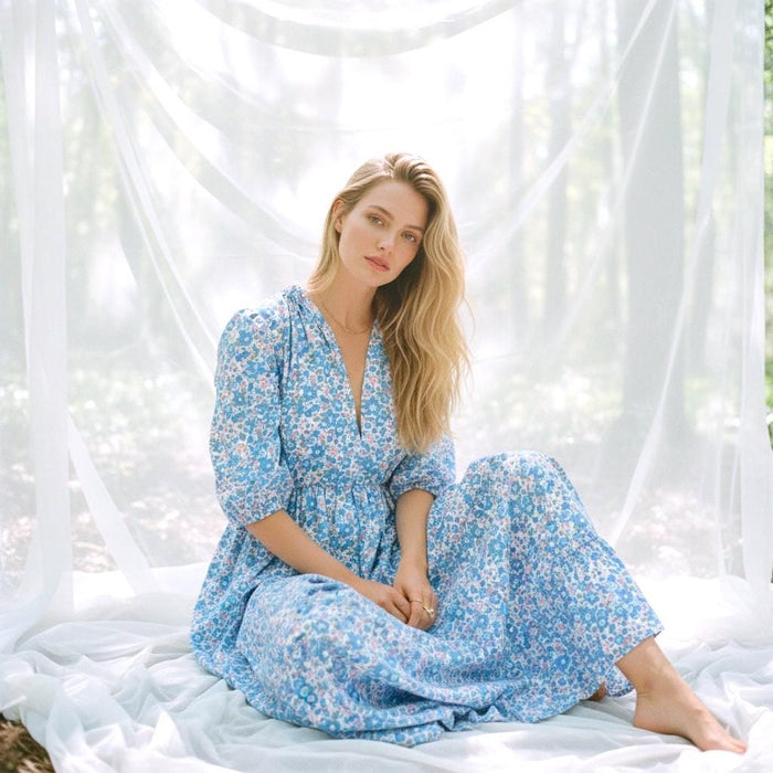 Liberty London Floral Maxi Dress, Blue Pink Ditsy Cotton Tana Lawn Gown, 3/4 Sleeve