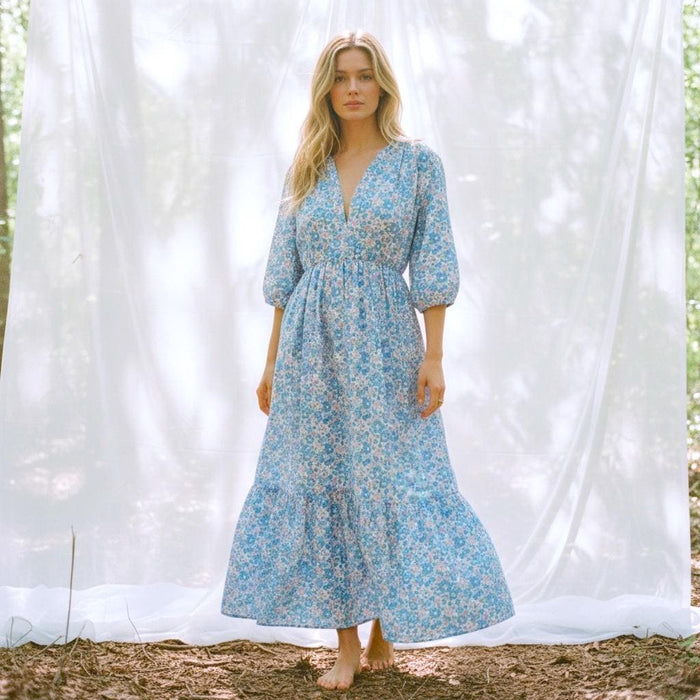 Liberty London Floral Maxi Dress, Blue Pink Ditsy Cotton Tana Lawn Gown, 3/4 Sleeve
