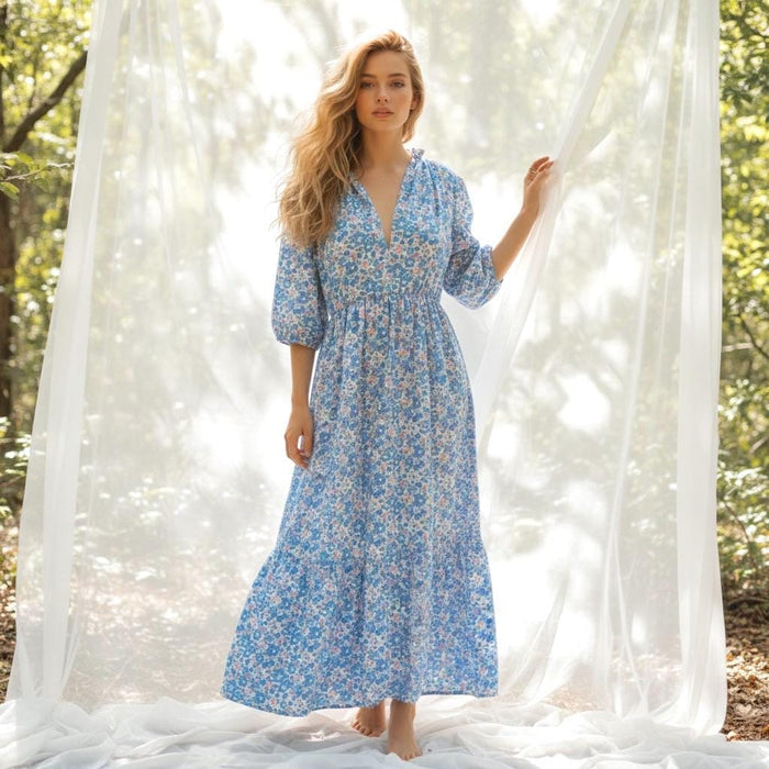 Liberty London Floral Maxi Dress, Blue Pink Ditsy Cotton Tana Lawn Gown, 3/4 Sleeve