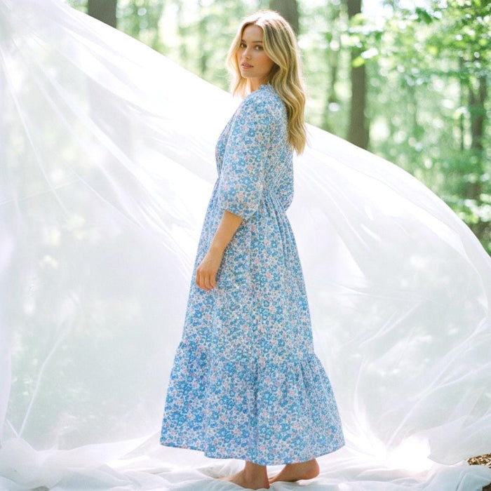 Liberty London Floral Maxi Dress, Blue Pink Ditsy Cotton Tana Lawn Gown, 3/4 Sleeve
