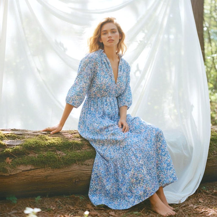 Liberty London Floral Maxi Dress, Blue Pink Ditsy Cotton Tana Lawn Gown, 3/4 Sleeve
