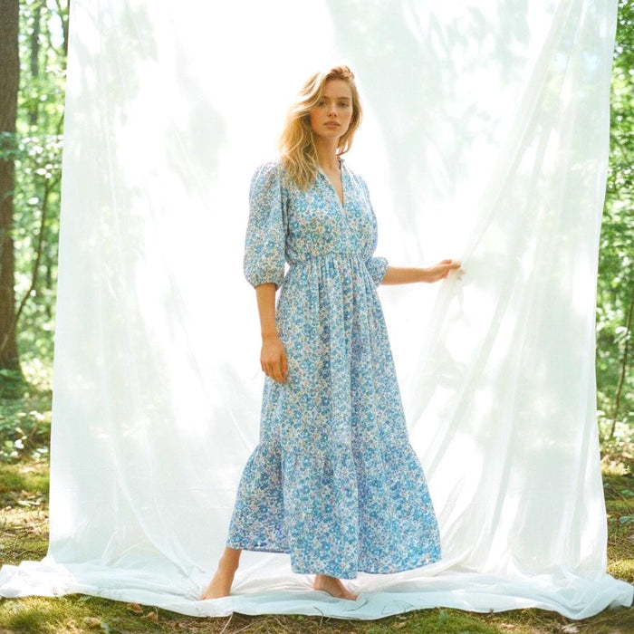 Liberty London Floral Maxi Dress, Blue Pink Ditsy Cotton Tana Lawn Gown, 3/4 Sleeve