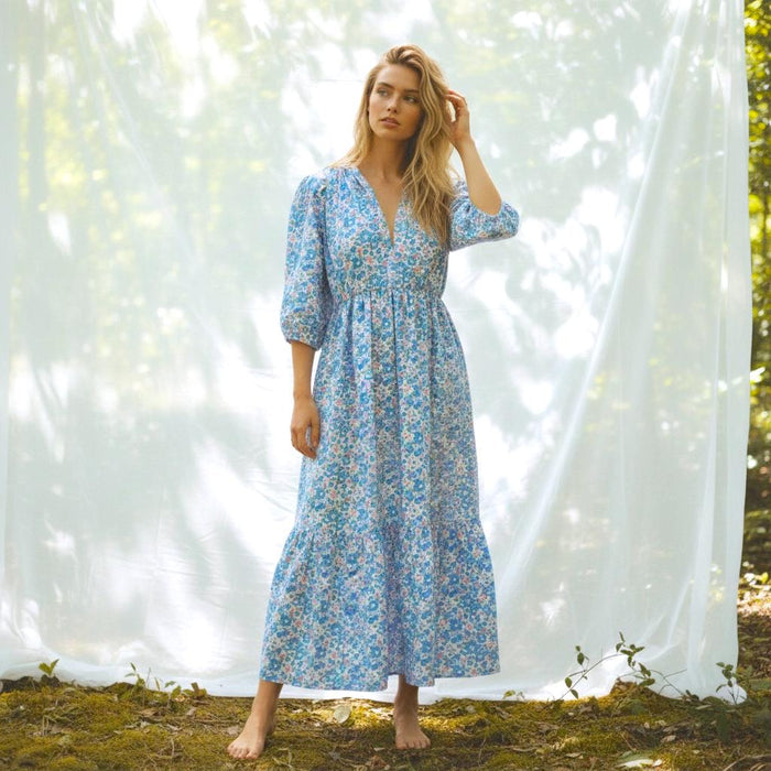 Liberty London Floral Maxi Dress, Blue Pink Ditsy Cotton Tana Lawn Gown, 3/4 Sleeve