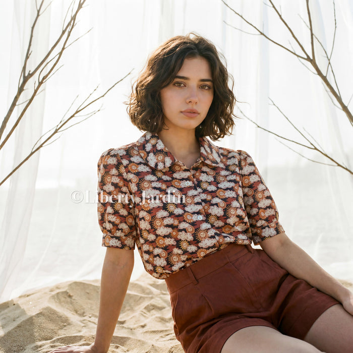 Liberty London Handmade Shirt, Peter Pan Collar Chemise, Button-up Botanical Personalised Blouse, Minimalist Versatile Top, Short Sleeves
