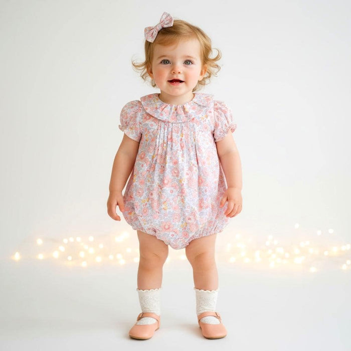 Liberty London Heirloom Children-wear, Pierrot Ruffle Collared Short-Sleeved Bubble Romper, Handmade Sustainable Ethical Clothing