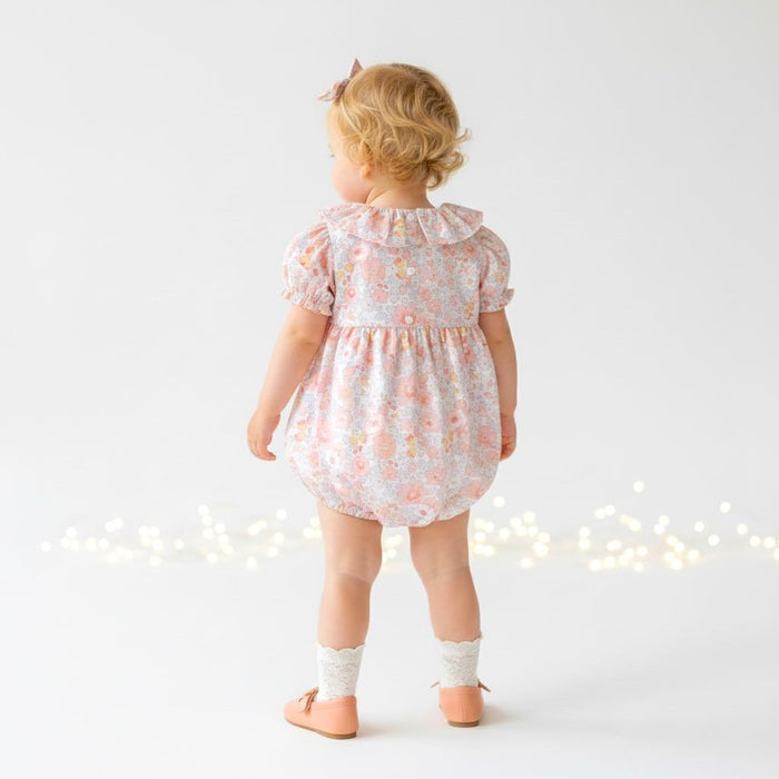 Liberty London Heirloom Children-wear, Pierrot Ruffle Collared Short-Sleeved Bubble Romper, Handmade Sustainable Ethical Clothing