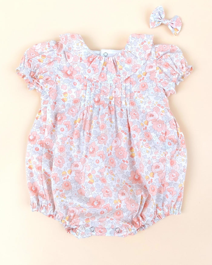 Liberty London Heirloom Children-wear, Pierrot Ruffle Collared Short-Sleeved Bubble Romper, Handmade Sustainable Ethical Clothing