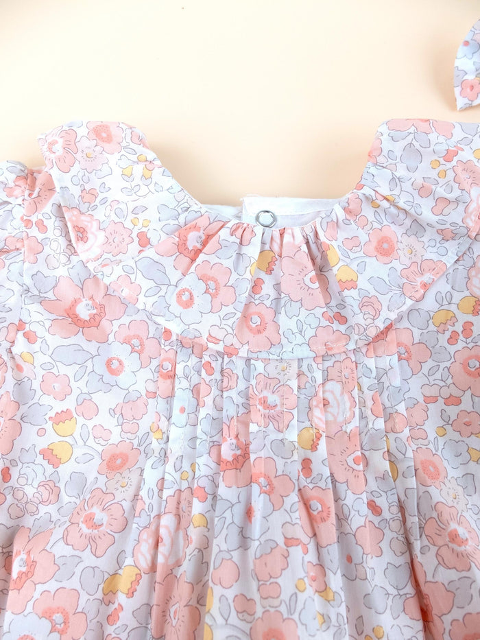 Liberty London Heirloom Children-wear, Pierrot Ruffle Collared Short-Sleeved Bubble Romper, Handmade Sustainable Ethical Clothing