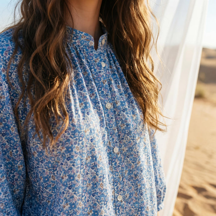 Liberty London Mandarin Collared Button-Up Blouse, Peasant Gathered Botanical Chemise, Handcrafted Womenswear, Sustainable Clothing
