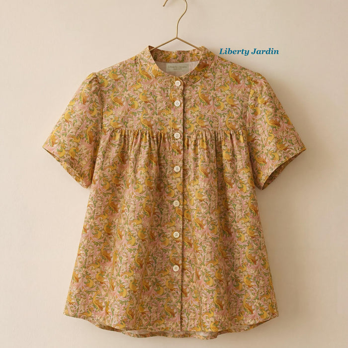 Liberty London Mandarin-Collared Smock Top, Handmade Button-Up Blouse Short-Sleeved , Botanical Floral-Print Chemise, Ethical Clothing