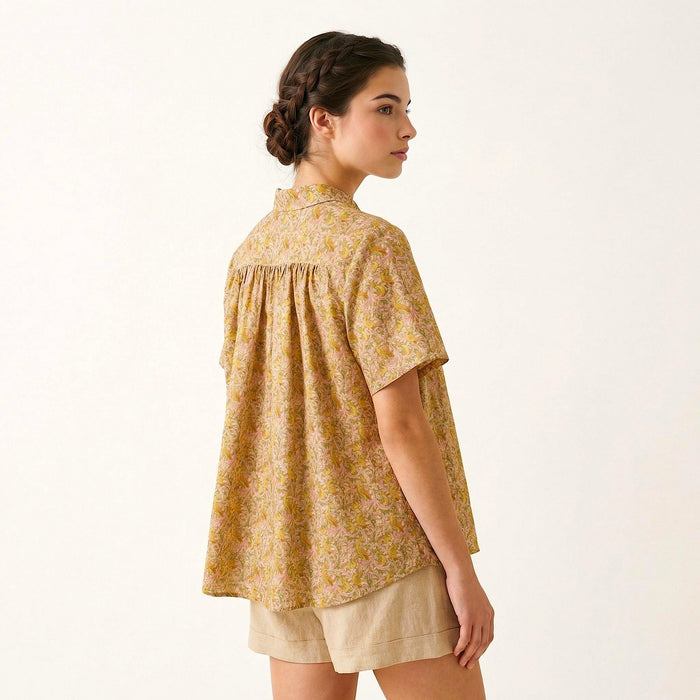 Liberty London Mandarin-Collared Smock Top, Handmade Button-Up Blouse Short-Sleeved , Botanical Floral-Print Chemise, Ethical Clothing