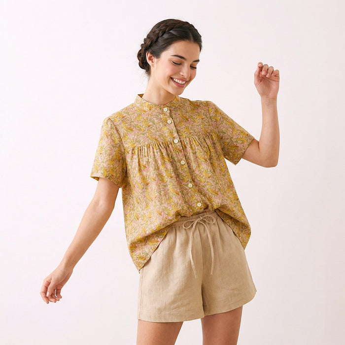 Liberty London Mandarin-Collared Smock Top, Handmade Button-Up Blouse Short-Sleeved , Botanical Floral-Print Chemise, Ethical Clothing