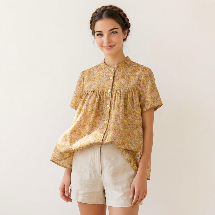 Liberty London Mandarin-Collared Smock Top, Handmade Button-Up Blouse Short-Sleeved , Botanical Floral-Print Chemise, Ethical Clothing