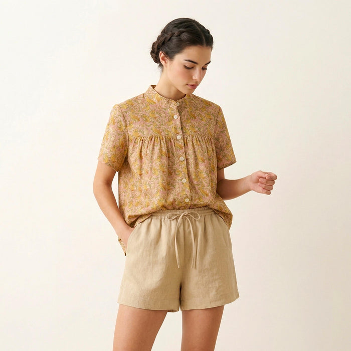 Liberty London Mandarin-Collared Smock Top, Handmade Button-Up Blouse Short-Sleeved , Botanical Floral-Print Chemise, Ethical Clothing