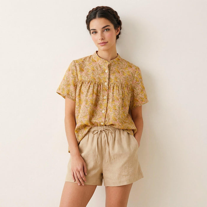 Liberty London Mandarin-Collared Smock Top, Handmade Button-Up Blouse Short-Sleeved , Botanical Floral-Print Chemise, Ethical Clothing